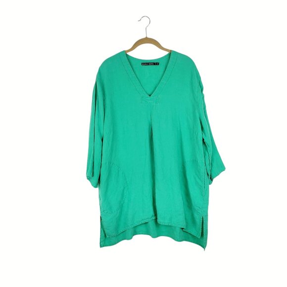 Gudrun Sjoden Linen Tunic Top 3/4 Sleeve Green Lagenlook Oversized Size XL - Picture 1 of 10